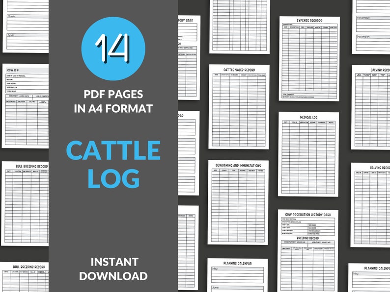 May include: A collection of 14 A4 format PDF pages for a cattle log, featuring various record-keeping templates including expense records, cattle sales records, medical logs, deworming and immunization charts, and cow production history cards.