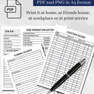 May include: A set of printable A4 digital documents including a Cow ID form, Cow Production History, Planning Calendar, and Livestock Record. The pages feature black text and grid lines on a white background, accompanied by a black ballpoint pen.