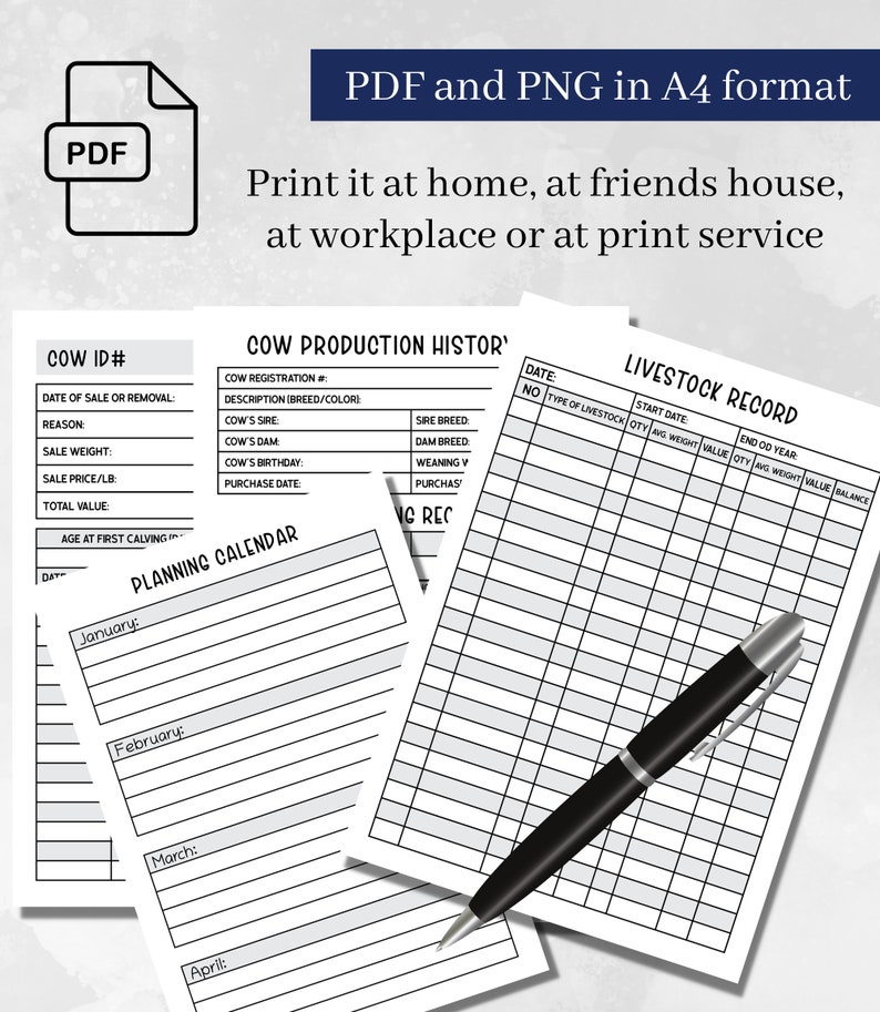 May include: A set of printable A4 digital documents including a Cow ID form, Cow Production History, Planning Calendar, and Livestock Record. The pages feature black text and grid lines on a white background, accompanied by a black ballpoint pen.