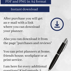 May include: A digital document information sheet featuring the text PDF and PNG in A4 format, Instant download, and instructions for accessing files. A dark blue download icon and a black and silver ballpoint pen are visible on the page.