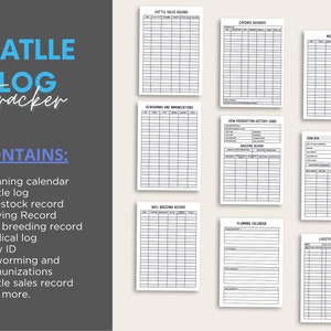 May include: A digital cattle log tracker set featuring eight printable pages with black text on white paper. The pages include a cattle sales record, expense record, medical log, deworming and immunizations, cow production history, breeding record, planning calendar, and livestock record.