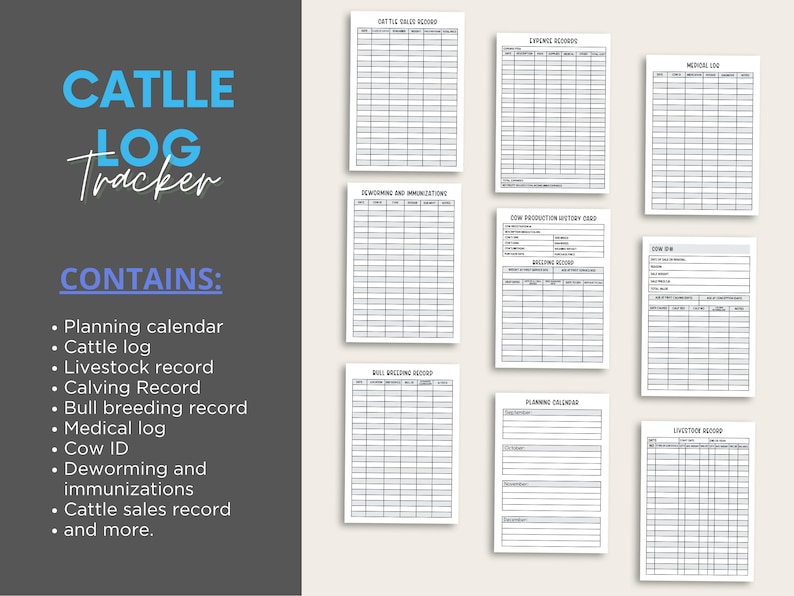 May include: A digital cattle log tracker set featuring eight printable pages with black text on white paper. The pages include a cattle sales record, expense record, medical log, deworming and immunizations, cow production history, breeding record, planning calendar, and livestock record.