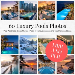 Könnte beinhalten: Eine Sammlung von Fotos luxuriöser Pools, die verschiedene Designs und Umgebungen zeigen. Das Bild zeigt Pools mit unterschiedlichen architektonischen Stilen, von modernen Stadtlandschaften bis hin zu ruhigen Naturlandschaften, mit dem Text "60 Luxury Pools Photos".