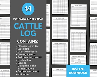 May include: A collection of 14 printable A4 PDF pages for a cattle log, featuring black and white grid templates for tracking livestock records, including calving, bull breeding, medical logs, deworming, immunizations, cow ID, and sales records.