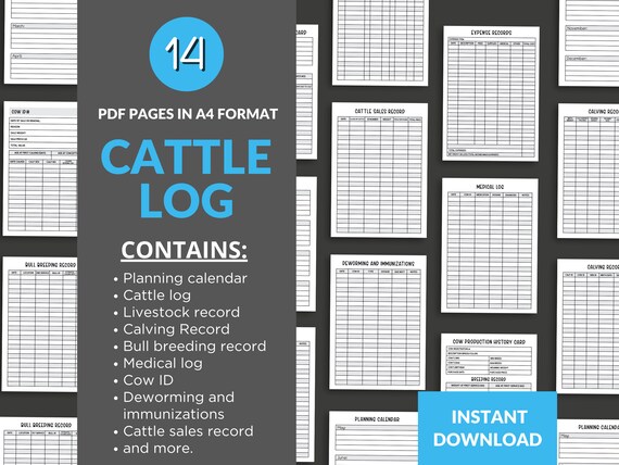 MRR, Cattle log, Livestock record, Calving Record, Bull breeding record, Deworming and immunizations, Cattle sales, digital download
