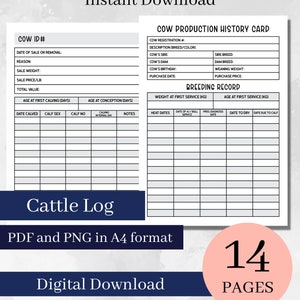 May include: A digital cattle log template featuring two white pages with black text and grid lines. The left page is titled COW ID# and the right page is titled COW PRODUCTION HISTORY CARD and BREEDING RECORD, with fields for tracking cow data.