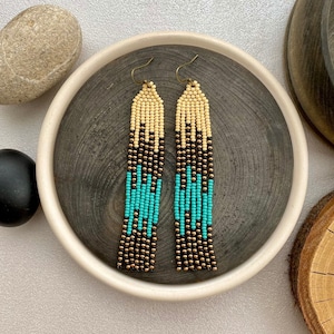 Long Fringe Turquoise Beige Seed Bead Earrings, Chandelier Earrings, Dangle Bohemian Earring, Statement Earring, Boho Hippie Earring Western
