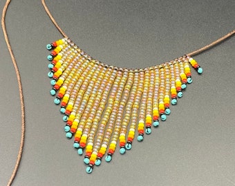 Seed Bead Fringe Choker Necklace, Indigenous style Necklace Native inspired, Bohemian Hippie Boho Cord necklace, Western necklace tassel