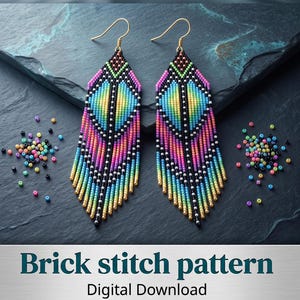 May include: A pair of long, dangling earrings made of multi-colored beads in a gradient pattern with black accents and gold-tone hooks. The text reads Brick stitch pattern Digital Download, 19 columns, 17 rows, 65 rows, 1.6 x 1.2 mm, 1.3 x 4.2 inches, 1314.