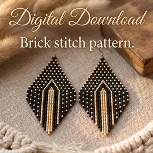 May include: A pair of diamond-shaped earrings crafted with black and gold beads in a brick stitch pattern. The text Digital Download Brick stitch pattern is displayed above the earrings. The design features a central gold column surrounded by black.