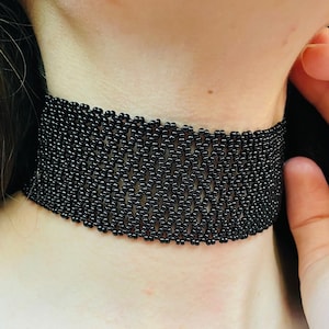 Wide Seed Bead Black Choker Necklace for Women, Dark Choker, Goth choker, Gothic choker, Choker Collar, Boho Hippie choker, Statement choker
