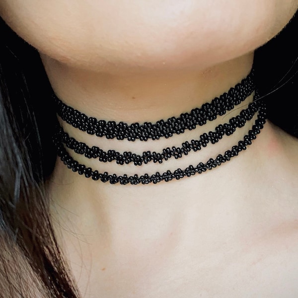Black seed bead Choker Necklace for Woman, Goth Gothic Choker Cross, Handmade collar Choker, Lace choker, Ukraine shop, 1990 choker beaded