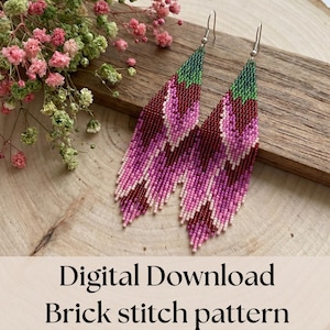 May include: A pair of long, triangular beaded earrings featuring a chevron pattern in shades of dark green, deep burgundy, magenta, and light pink. The earrings are crafted with a brick stitch technique and include silver-toned metal ear wires.