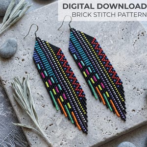 May include: A pair of long, dangling earrings crafted with black, blue, purple, red, orange, yellow, and green seed beads in a geometric brick stitch pattern. The earrings feature silver-toned metal hooks and text reading DIGITAL DOWNLOAD BRICK STITCH PATTERN.