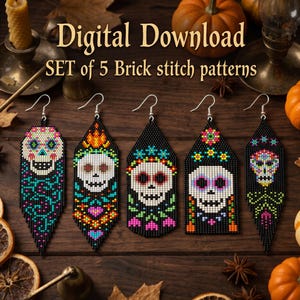 May include: A digital download set of 5 brick stitch patterns featuring colorful sugar skull designs on black beaded earrings. Each earring displays a unique skull motif with floral and geometric accents in vibrant colors, suspended from silver-toned hooks.
