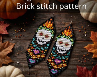 Brick Stitch Sugar Skull Earrings Pattern, Seed Bead Halloween Earring Pattern PDF, Do it Yourself, DIY Digital Download, Brickstitch Fringe
