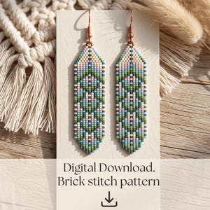 May include: A pair of long, rectangular beaded earrings featuring a geometric pattern in shades of sage green, dusty pink, cream, and teal. The earrings hang from copper-coloured metal hooks. The text reads: Digital Download. Brick stitch pattern.