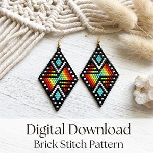 May include: A pair of diamond-shaped beaded earrings with a colorful geometric design. The earrings feature a black border with a central pattern of red, orange, yellow, green, and turquoise beads. Gold-colored hooks are attached to the earrings. The text "Digital Download Brick Stitch Pattern" is below the earrings.