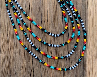 Black Blue Red seed bead Layered Necklace Native inspired, Layering Wrap Indigenous necklace, Dainty colorful necklace, Long hippie Necklace