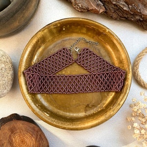Handmade Wide Copper Seed Beaded Choker Necklace for Women Boho Hippie style, Thick Brown Metallic Choker Collar, Cute Lace choker, Beadwork