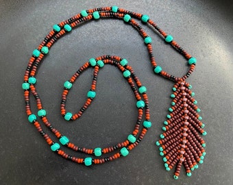 Collier de plumes de perles de graines faites à la main pour femmes hommes, collier turquoise brun, collier long sud-ouest de l’Ouest, inspiration autochtone autochtone