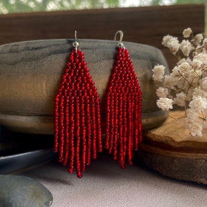 Shiny Red Seed Bead Earrings, Fringe Festive Chandelier Earring, Boho Hippie Earrings, Red Dainty Statement Earring, Dangle Earring Handmade