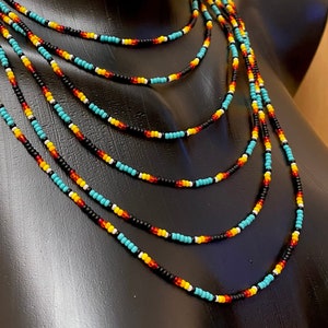 Long Wrap Layered Seed Bead Necklace Native inspired, Cool Layering Indigenous Necklace, Boho Hippie Blue Red Black Necklace Very Extra long