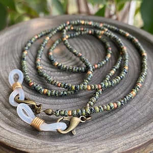 Green Olive Seed Bead Glasses chain, Boho Hippie Eyeglass chain, Cute Teacher Lanyard, Bohemian sunglasses strap, Dainty lanyard Aesthetic