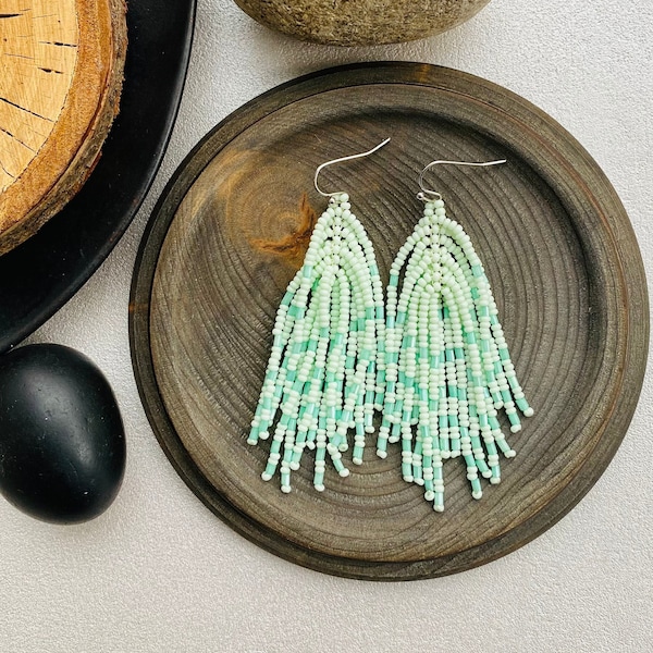 Light Green Mint Seed Bead Tassel Earrings, Long Dangle Tassle earrings, Boho Hippie Fringe earrings Bohemian Pastel Earring, Unique Tassels