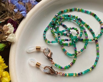 Emerald Purple Confetti Seed Bead Glasses chain, Boho Hippie Eyeglass chain, Cute Teacher Lanyard, Bohemian Dainty Eye glass Chain, Ukraine