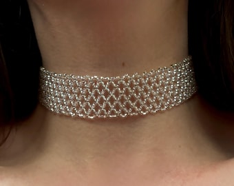 Wide Shiny Silver Seed Bead Choker, Thick Statement choker necklace, Boho bohemian lace choker, Chunky bridal choker, Crystal Unique choker