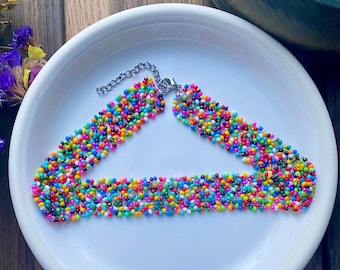 Colorful Confetti Seed Bead Choker Necklace Plus Size, Wide Bright choker for Women, Boho Hippie choker, Thick choker, Cool choker Fun Funky