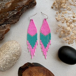 Pink Turquoise Seed Bead Earrings, Fringe Chandelier Earrings, Statement earrings, Cool Handmade Earring, Cute earrings, Long Dangle Earring