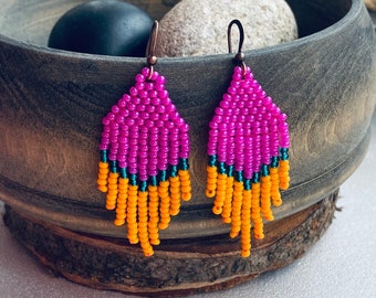 Small Fringe Pink Orange Emerald Seed Bead Earrings, Chandelier earrings, Statement Bohemian Earrings, Boho Hippie earrings, Dainty Earrings