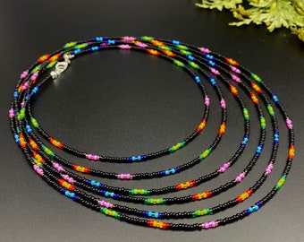 100"- 300" Black Rainbow Seed Bead Necklace, Colorful Layered Necklace, Extra Long Wrap Necklace, Boho Hippie Necklace, Statement Necklace