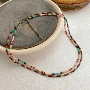 Turquoise Brown Gold Seed Bead Layered Necklace, Indigenous Layering Choker Necklace Native inspired, Earthy Bohemian Boho Hippie Necklace