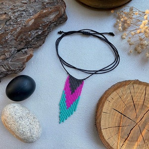 Colorful Seed Beaded Choker Necklace, Statement Fringed necklace, Unique tassel necklace, Pink Turquoise Grey necklace, Boho Hippie necklace