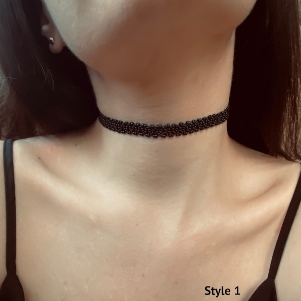 Black seed bead Choker Necklace for Woman, Goth Gothic Choker Cross, Handmade collar Choker, Lace choker, Ukraine shop, 1990 choker beaded