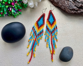 Colorful Seed Bead Earrings, Indigenous Earring Native inspired, Boho Hippie Earring, Statement earrings, Cool Earrings, Long Dangle Earring