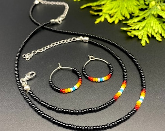 Native Inspired Seed Bead Jewelry Set, Choker Necklace, Hoop Earrings, Boho Bracelet