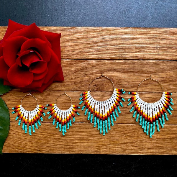 Bohemian White Turquoise Red seed bead fringe Hoop Earrings, Indigenous hoop Earrings Native inspired, Aesthetic Boho Hippie Earring Ukraine
