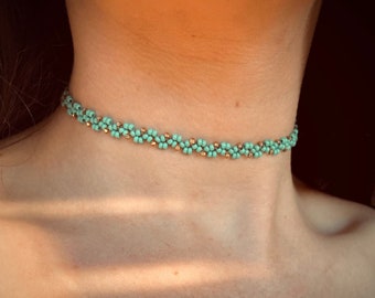 Turquoise Gold Seed Bead Choker Necklace for Women, Unique choker, Dainty choker, Blue choker collar, Boho Bohemian choker, Simple choker