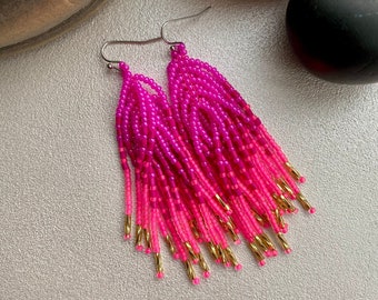 Pink Gold Seed Bead Tassel Earrings for Women, Long dangle Tassle earrings, Bohemian Fuchsia earrings, Hippie Boho Earrings Unique Statement