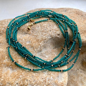 Emerald seed bead necklace, Green Gold layered necklace, Extra long necklace, Statement necklace, Boho Hippie necklace, Long wrap necklace