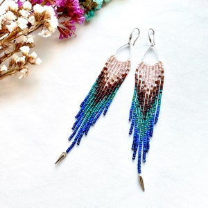 Emerald Green Blue Brown Seed Bead Fringe Chandelier Earrings, Very Extra Long Dangle Peacock Feathers Earrings, Indigenous Earthy Earrings image 4