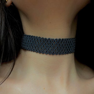 Thick Grey Metallic Seed Bead Choker Necklace Women, Silver Wide Collar choker Brutal Black Goth Gothic, Handmade Lace choker, Ukraine shop