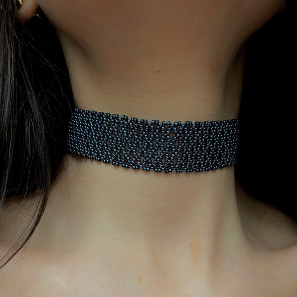 Collier ras de cou épais gris métallisé avec perles de rocaille pour femme, tour de cou argenté à col large, gothique gothique noir brutal, tour de cou en dentelle fait main, boutique Ukraine