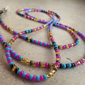 Dainty Blue Pink Seed beaded Glasses chain, Cute Purple gold eyeglass chain, Teacher lanyard, Face mask chain, Boho Hippie Sunglasses strap