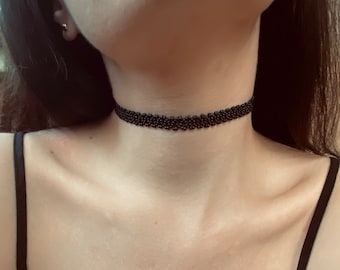Chokerketting met zwarte rocailles voor vrouw, Goth-gotisch chokerkruis, handgemaakte kraagchoker, kantchoker, winkel Oekraïne, 1990 choker kralen