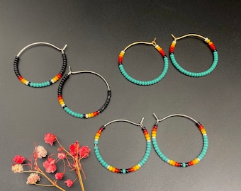 Colorful Seed Bead Hoop Earrings, Indigenous Hoop Earrings Native inspired, Boho Hippie Hoop Earrings, Turquoise Hoops, Aesthetic Earrings